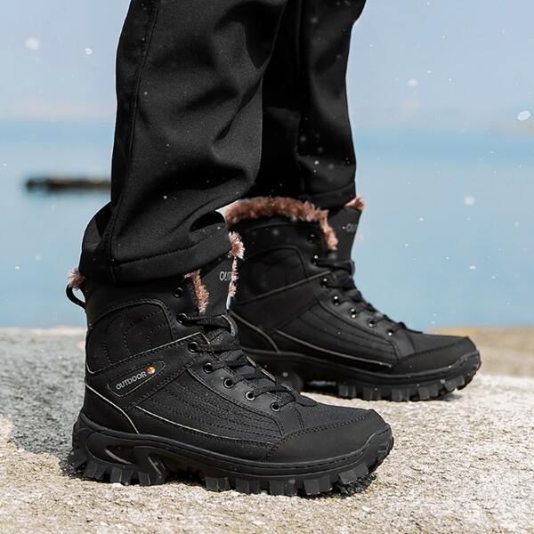 

Men Letter Patch Lace-up Front Boots, Black