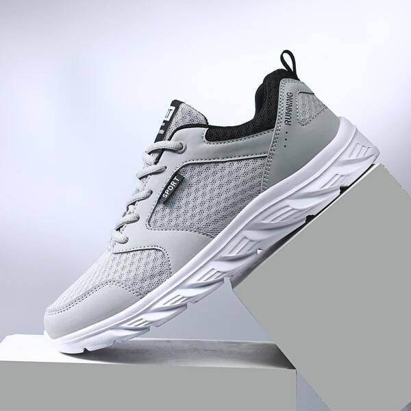 

Men Letter Patch Breathable Lace-up Front Running Shoes, Grey