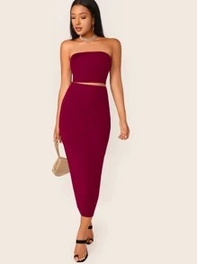 SHEIN BAE Solid Cropped Tube Top & Pencil Midi Skirt Set - Burgundy - View 1