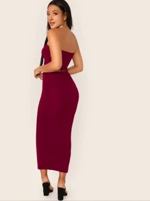 SHEIN BAE Solid Cropped Tube Top & Pencil Midi Skirt Set - Burgundy - View 2