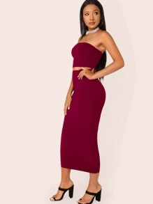 SHEIN BAE Solid Cropped Tube Top & Pencil Midi Skirt Set - Burgundy - View 3