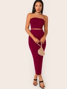 SHEIN BAE Solid Cropped Tube Top & Pencil Midi Skirt Set - Burgundy - View 5