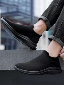 Men Minimalist Knit Slip On Sneakers - Black - View 5