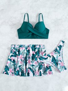 SHEIN Swim Summer Beach 3packs Tropical Print Push Up Bikini & Beach Skirt - Green - View 3