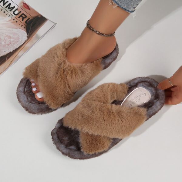 

Minimalist Cross Strap Fluffy Bedroom Slippers, Khaki