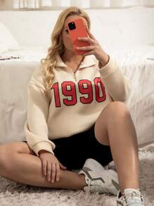 Plus Letter Graphic Quarter Zip Drop Shoulder Sweatshirt - Apricot - View 1