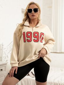 Plus Letter Graphic Quarter Zip Drop Shoulder Sweatshirt - Apricot - View 3