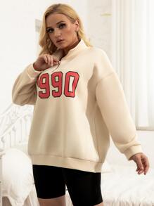 Plus Letter Graphic Quarter Zip Drop Shoulder Sweatshirt - Apricot - View 6