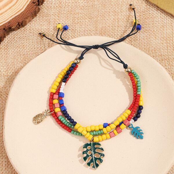

Leaf Charm Beaded Bracelet, Multicolor