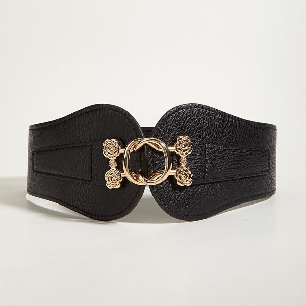 

Flower Decor Wide Belt, Black