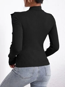 Firerie Solid Mock Neck Ruffle Trim Sweater, Fall And Winter, Elegant, Black, Longsleeve, Crewneckl - Black - View 2