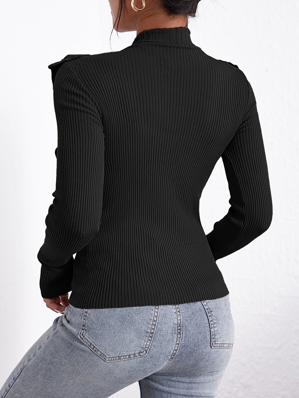 Solid Mock Neck Ruffle Trim Sweater, Fall And Winter, Elegant, Black, Longsleeve, Crewneckl