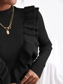 Firerie Solid Mock Neck Ruffle Trim Sweater, Fall And Winter, Elegant, Black, Longsleeve, Crewneckl - Black - View 3