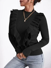 Firerie Solid Mock Neck Ruffle Trim Sweater, Fall And Winter, Elegant, Black, Longsleeve, Crewneckl - Black - View 4