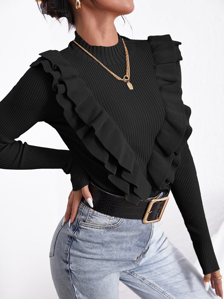 Solid Mock Neck Ruffle Trim Sweater, Fall And Winter, Elegant, Black, Longsleeve, Crewneckl