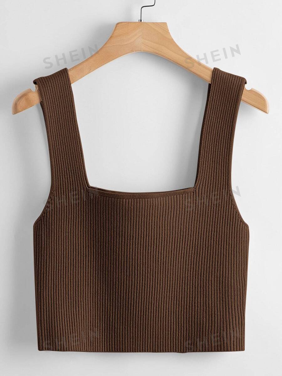 SHEIN Unity Top unicolor tejido de canalé - Café integral - Ver 1