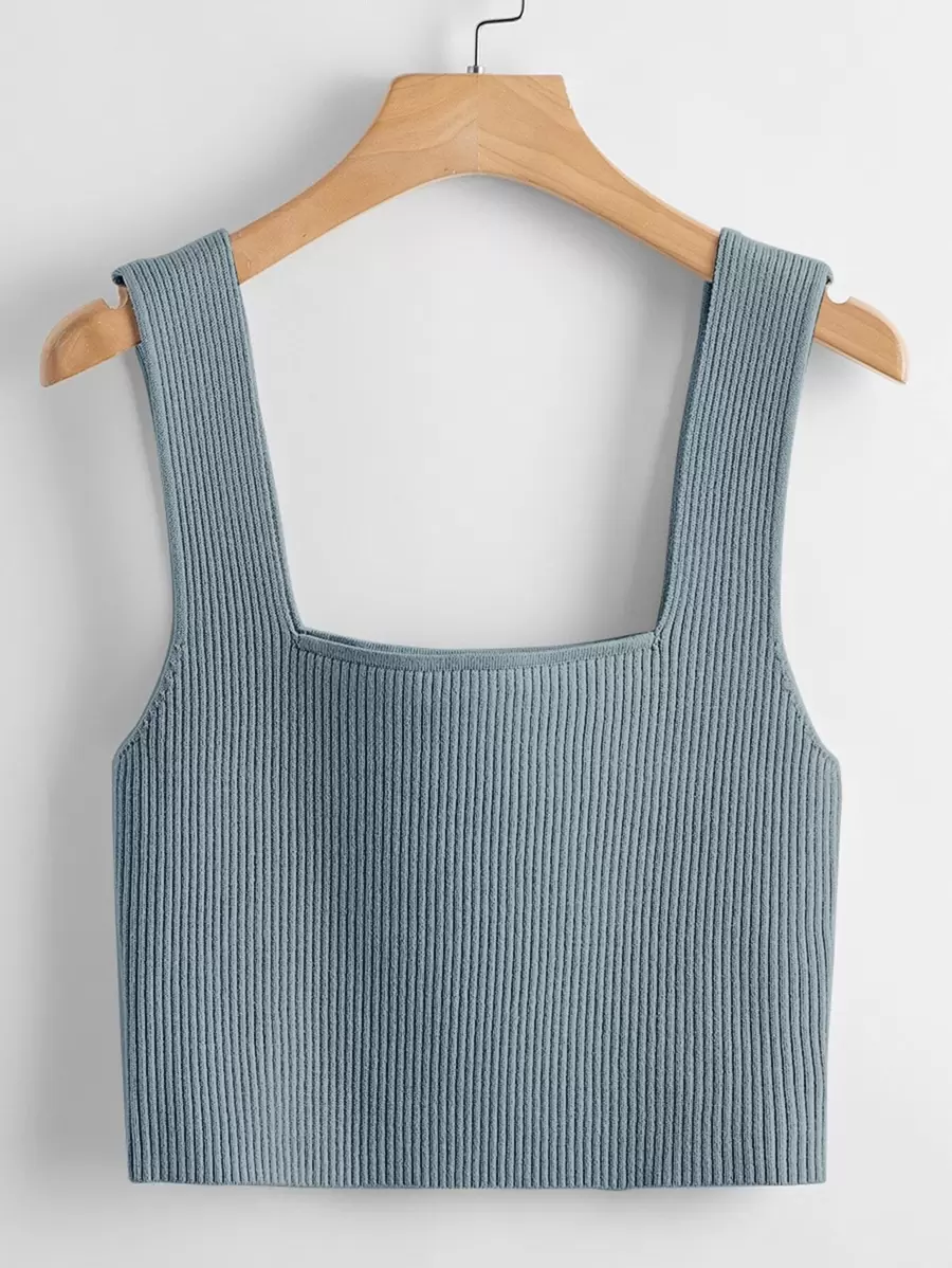 SHEIN Unity Solid Ribbed Knit Top - Dusty Blue - View 1
