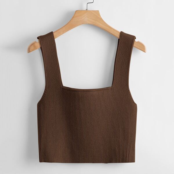 

Solid Ribbed Knit Top, Coffee brown