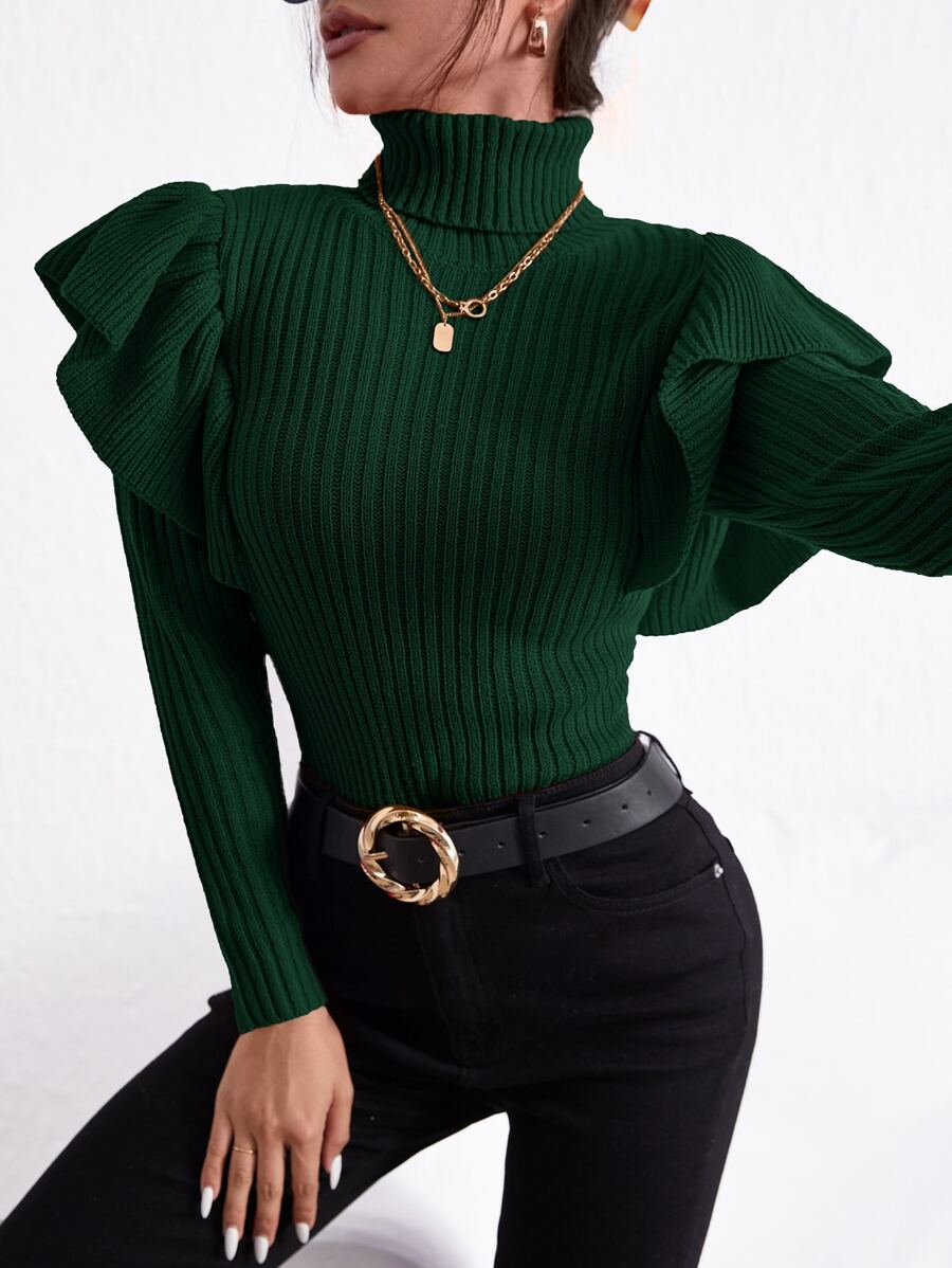 Firerie Turtle Neck Ruffle Trim Sweater,Long Sleeve Tops, Fall And Winter, Elegant,Green, Longsleeve, Highneck - Dark Green - View 1