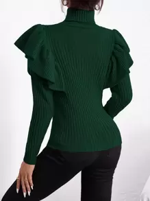Firerie Turtle Neck Ruffle Trim Sweater,Long Sleeve Tops, Fall And Winter, Elegant,Green, Longsleeve, Highneck - Dark Green - View 2