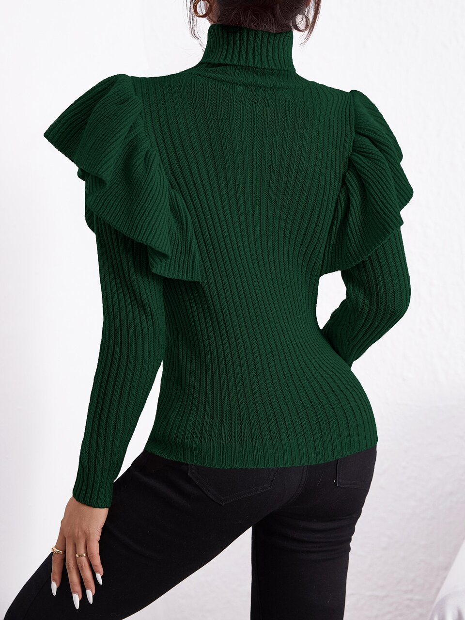 Turtle Neck Ruffle Trim Sweater,Long Sleeve Tops, Fall And Winter, Elegant,Green, Longsleeve, Highneck