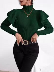 Firerie Turtle Neck Ruffle Trim Sweater,Long Sleeve Tops, Fall And Winter, Elegant,Green, Longsleeve, Highneck - Dark Green - View 3