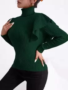 Firerie Turtle Neck Ruffle Trim Sweater,Long Sleeve Tops, Fall And Winter, Elegant,Green, Longsleeve, Highneck - Dark Green - View 4