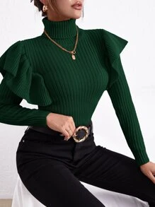 Firerie Turtle Neck Ruffle Trim Sweater,Long Sleeve Tops, Fall And Winter, Elegant,Green, Longsleeve, Highneck - Dark Green - View 5
