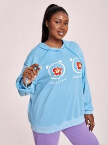 SHEIN X SU2C Plus Floral & Slogan Graphic Drop Shoulder Drawstring Hoodie - Baby Blue - View 7