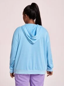 SHEIN X SU2C Plus Floral & Slogan Graphic Drop Shoulder Drawstring Hoodie - Baby Blue - View 6