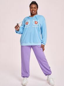 SHEIN X SU2C Plus Floral & Slogan Graphic Drop Shoulder Drawstring Hoodie - Baby Blue - View 3