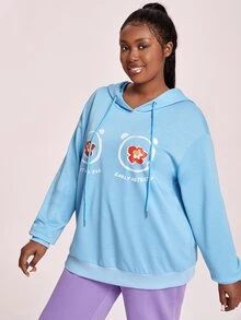 SHEIN X SU2C Plus Floral & Slogan Graphic Drop Shoulder Drawstring Hoodie - Baby Blue - View 4