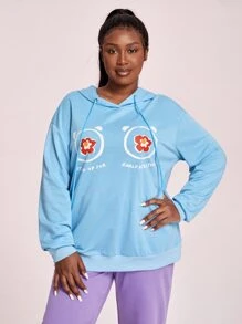 SHEIN X SU2C Plus Floral & Slogan Graphic Drop Shoulder Drawstring Hoodie - Baby Blue - View 1
