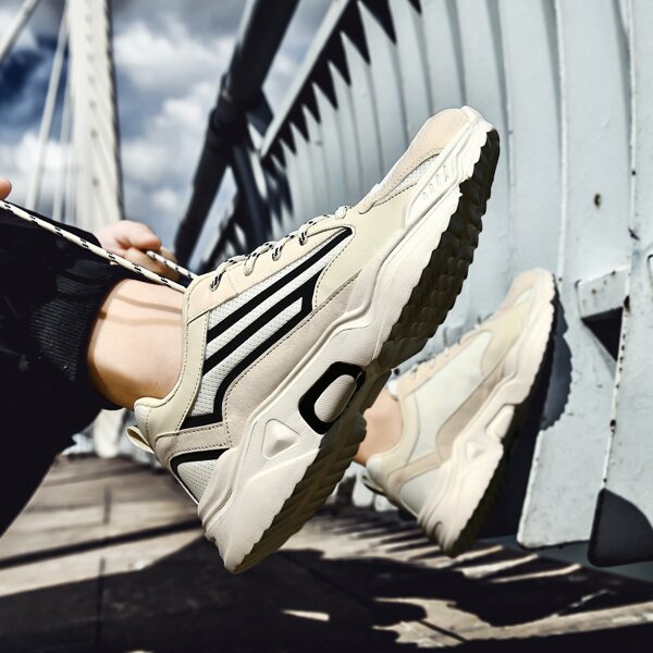 

Men Striped Pattern Lace-up Front Chunky Sneakers, Beige