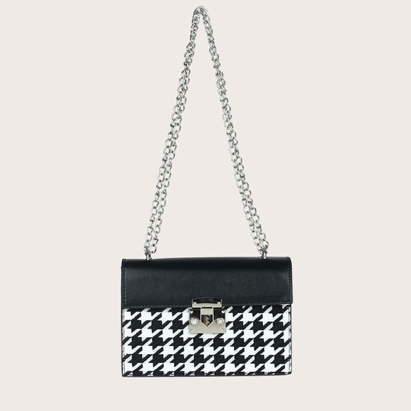

Houndstooth Pattern Flap Square Bag, Black and white
