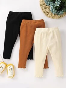 SHEIN Baby Girl 3pcs Ribbed Knit Lettuce Trim Leggings - Multicolor - View 2