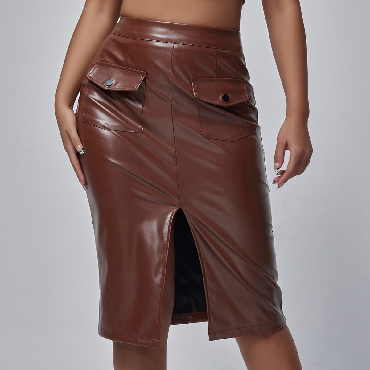 Юбка с высокой талией с карманом из искусственной кожи с разрезом