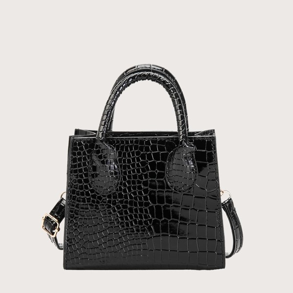 

Crocodile Embossed Top Handle Bag, Black