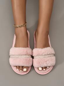 Fall/Winter Dreama EU Trademark All Season Classic Elegant Comfortable Breathable Warm Open Toe Soft Anti-Slip Faux Rabbit Fur Lady Indoor Slippers,Fluffy Slippers - Pink - View 4