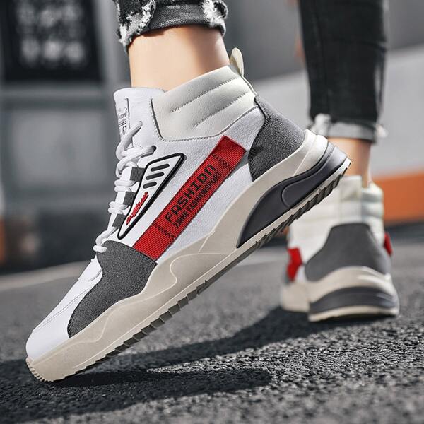 

Men Colorblock Lace-up Front Sneakers, Red and white