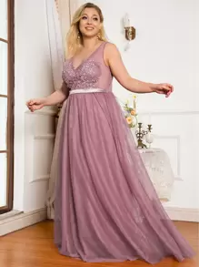 EVERPRETTY Plus Size Appliques Guipure Lace Bridesmaid Dress - Dusty Pink - View 1