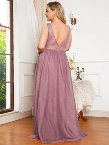 EVERPRETTY Plus Size Appliques Guipure Lace Bridesmaid Dress - Dusty Pink - View 2