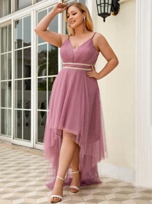 EVERPRETTY Plus Contrast Mesh High Low Backless Bridesmaid Dress