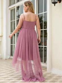 EVERPRETTY Plus Contrast Mesh High Low Backless Bridesmaid Dress