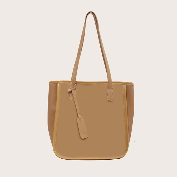 

Contrast Binding Shoulder Tote Bag With Inner Pouch, Khaki