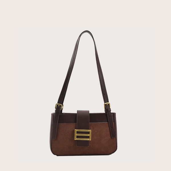 

Buckle Decor Flap Shoulder Bag, Coffee brown