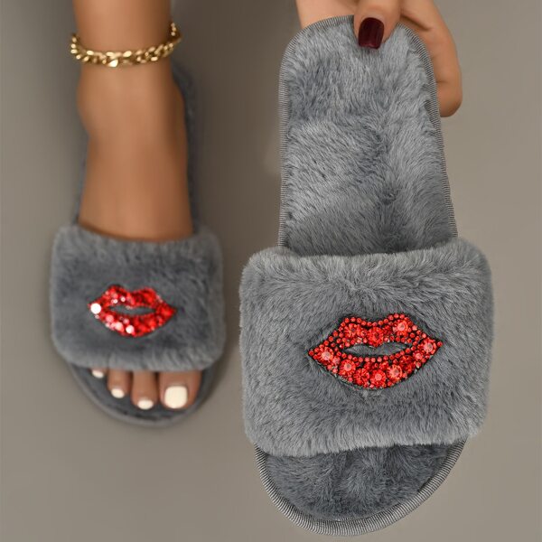 

Lips Graphic Novelty Slippers, Grey