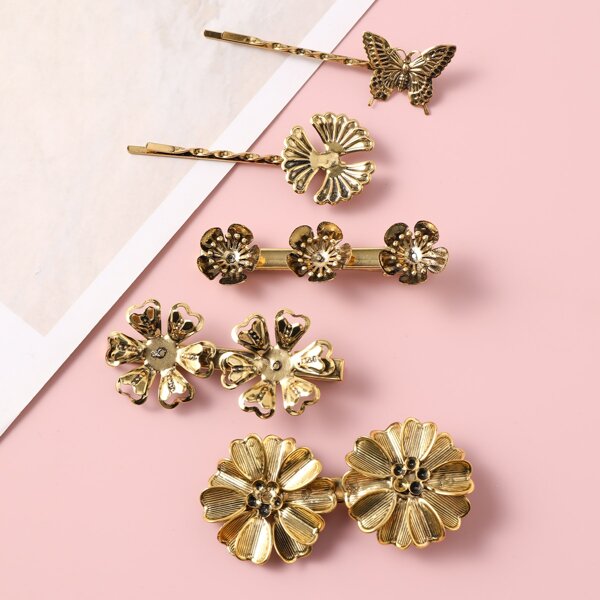 

5pcs Flower & Butterfly Decor Hair Clip, Bronze