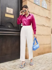 Modelyn Button Up Drop Shoulder Shirt,Long Sleeve Tops Fall Cloth For Women - Hot Pink - View 2