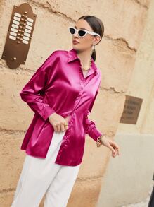 Modelyn Button Up Drop Shoulder Shirt,Long Sleeve Tops Fall Cloth For Women - Hot Pink - View 3